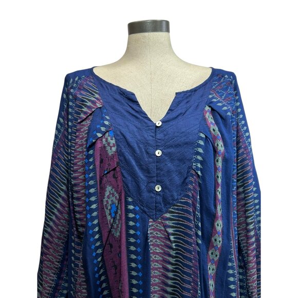 ROXY Mini Dress Sz M Navy Geo Stripe Print Peasant 3/4 Sleeve VNeck Button Up - Picture 2 of 11